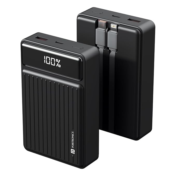 Portronics Luxcell Bind Mini 20K Power Bank (20000mAh) | 22.5W Fast Charging | In-Built Type-C & 8-Pin Cables | LED Display | BIS Certified Powerbank for Mobile & Gadgets